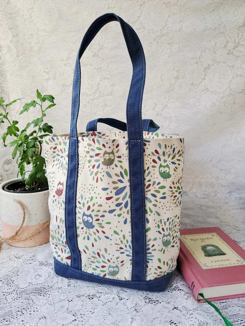 Vintage Y2k Barnes & Noble Small Tote Bag Canvas Owl Print Book Bag for Kids